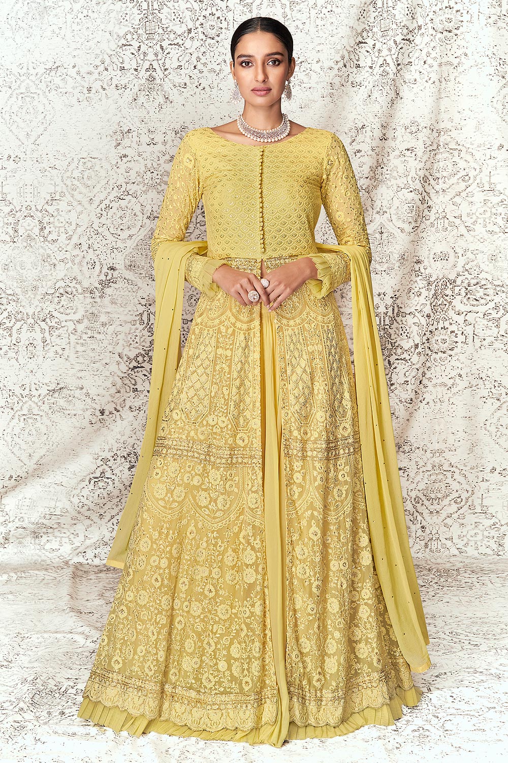 Lime Yellow Slitted Style Georgette Skirt Style Anarkali