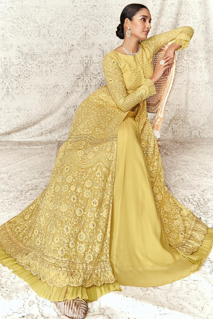 Lime Yellow Slitted Style Georgette Skirt Style Anarkali