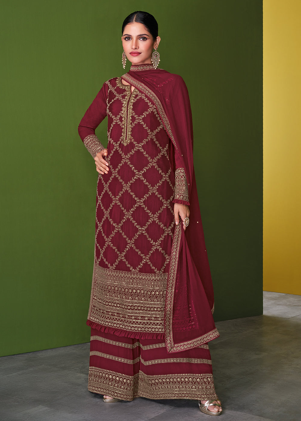 Buy Now Stunning Maroon Beautifully Embroidered Festive Palazzo Salwar Suit Online in USA, UK, Canada, Germany & Worldwide at Empress Clothing.