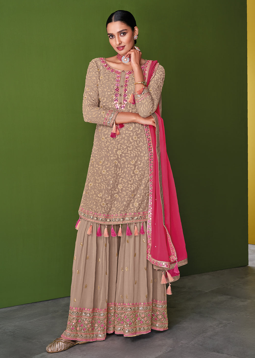 Buy Now Beige Mauve Beautifully Embroidered Festive Palazzo Salwar Suit Online in USA, UK, Canada, Germany & Worldwide at Empress Clothing.