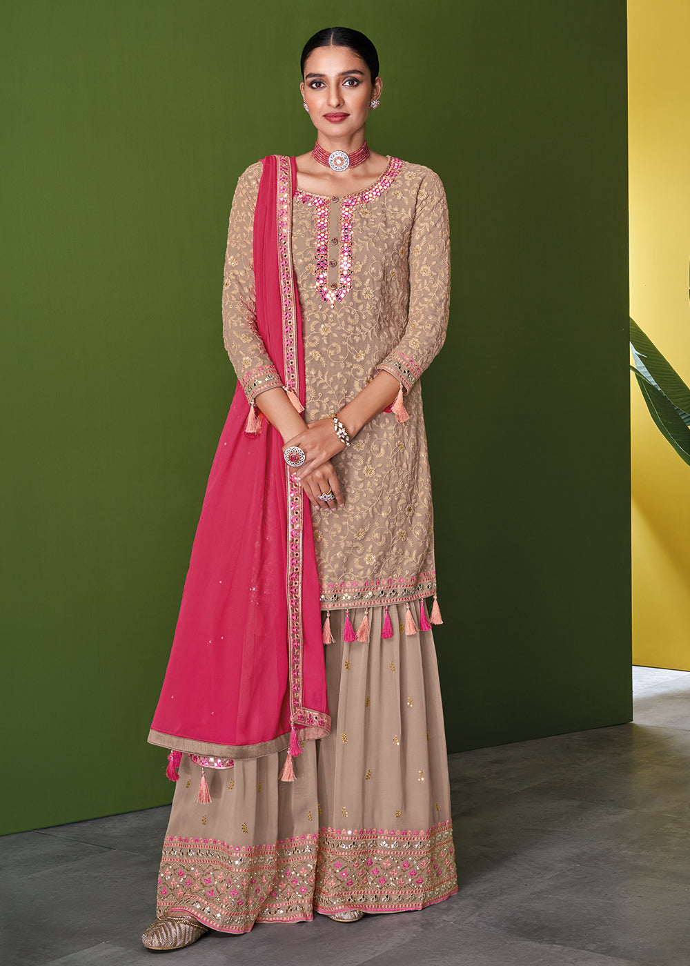 Buy Now Beige Mauve Beautifully Embroidered Festive Palazzo Salwar Suit Online in USA, UK, Canada, Germany & Worldwide at Empress Clothing.