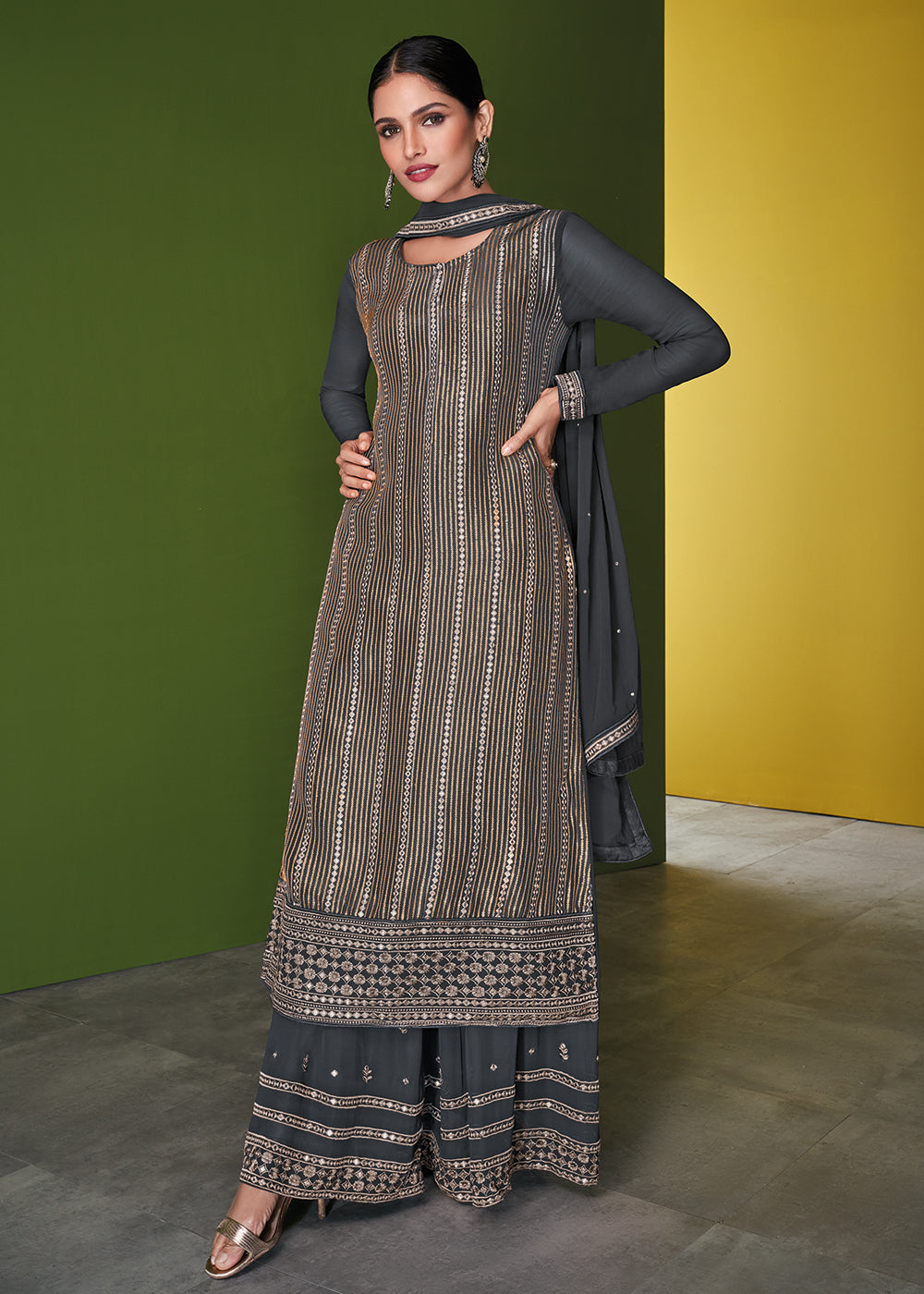 Buy Festive Palazzo Suit - Precious Grey Beautifully Embroidered Suit
