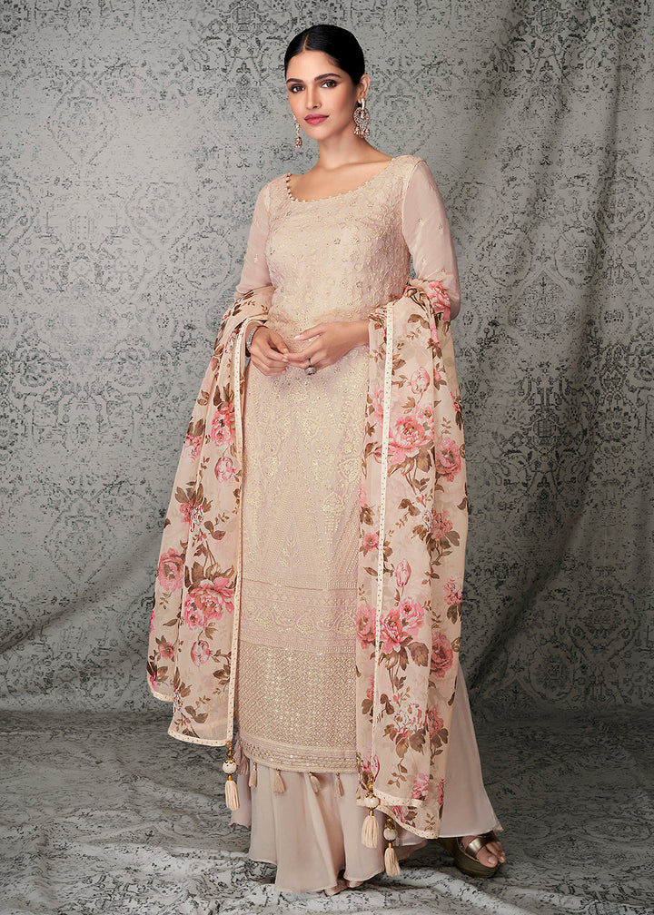 Buy Now Superior Beige Georgette Wedding & Festival Palazzo Salwar Suit Online in USA, UK, Canada, Germany & Worldwide at Empress Clothing.