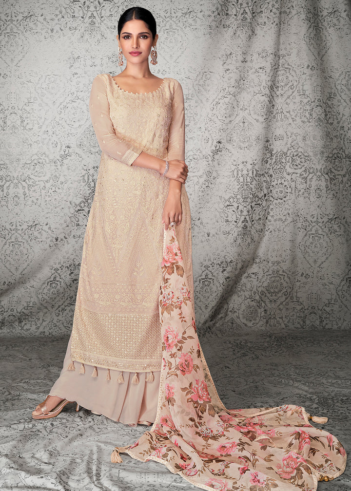 Buy Now Superior Beige Georgette Wedding & Festival Palazzo Salwar Suit Online in USA, UK, Canada, Germany & Worldwide at Empress Clothing.