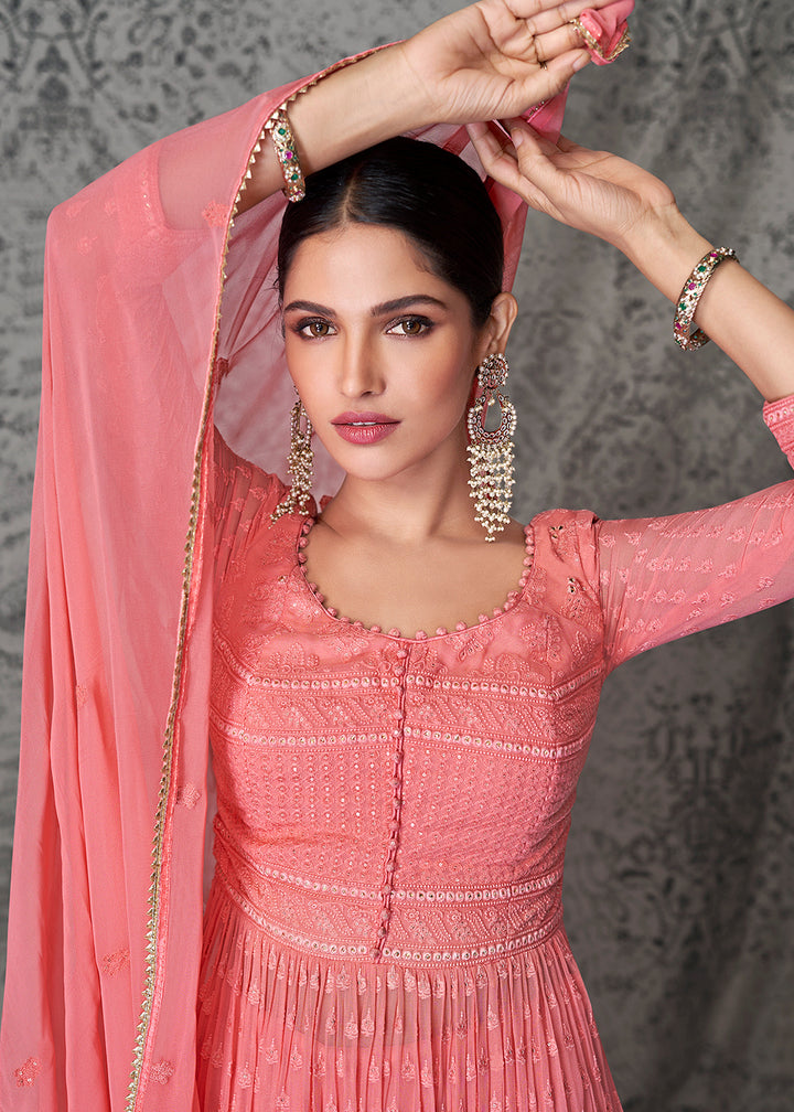 Buy Now Fabulous Peach Georgette Wedding & Festival Palazzo Salwar Suit Online in USA, UK, Canada, Germany & Worldwide at Empress Clothing.