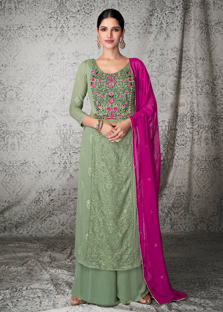 Buy Now Olive Green Georgette Wedding & Festival Palazzo Salwar Suit Online in USA, UK, Canada, Germany & Worldwide at Empress Clothing. 