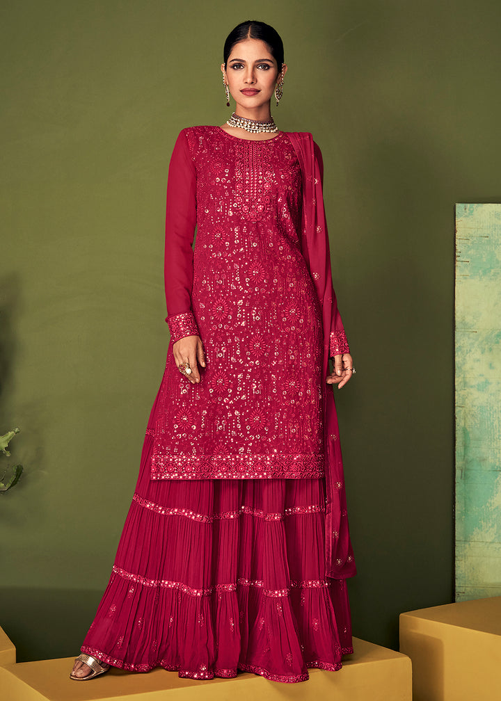 Buy Now Luxurious Peony Pink Georgette Function Wear Palazzo Salwar Suit Online in USA, UK, Canada, Germany & Worldwide at Empress Clothing.