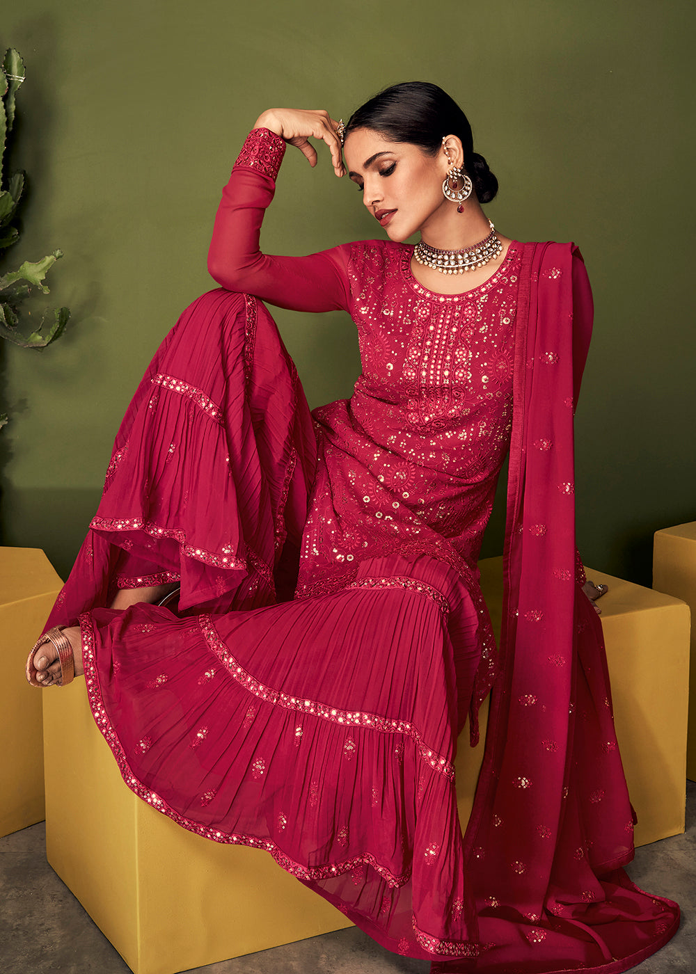 Buy Now Luxurious Peony Pink Georgette Function Wear Palazzo Salwar Suit Online in USA, UK, Canada, Germany & Worldwide at Empress Clothing.