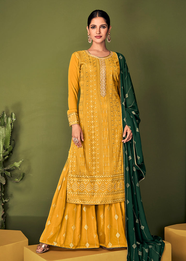 Buy Now Magnificent Canary Yellow Georgette Function Wear Palazzo Salwar Suit Online in USA, UK, Canada, Germany & Worldwide at Empress Clothing.