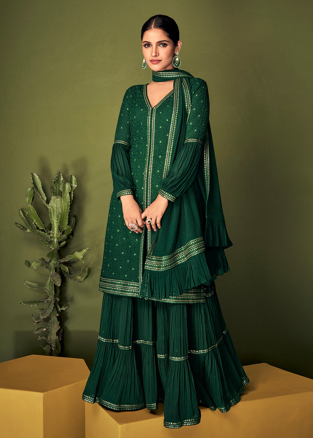 Buy Now Luminous Dark Green Georgette Function Wear Palazzo Salwar Suit Online in USA, UK, Canada, Germany & Worldwide at Empress Clothing.