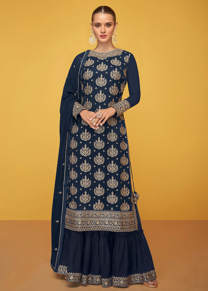 Buy Now Pure Georgette Riveting Blue Designer Palazzo Salwar Suit Online in USA, UK, Canada, Germany & Worldwide at Empress Clothing. 
