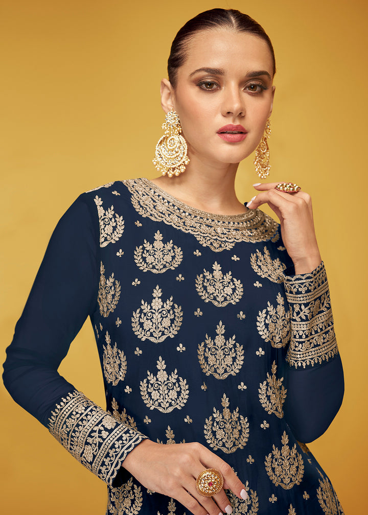 Buy Now Pure Georgette Riveting Blue Designer Palazzo Salwar Suit Online in USA, UK, Canada, Germany & Worldwide at Empress Clothing. 