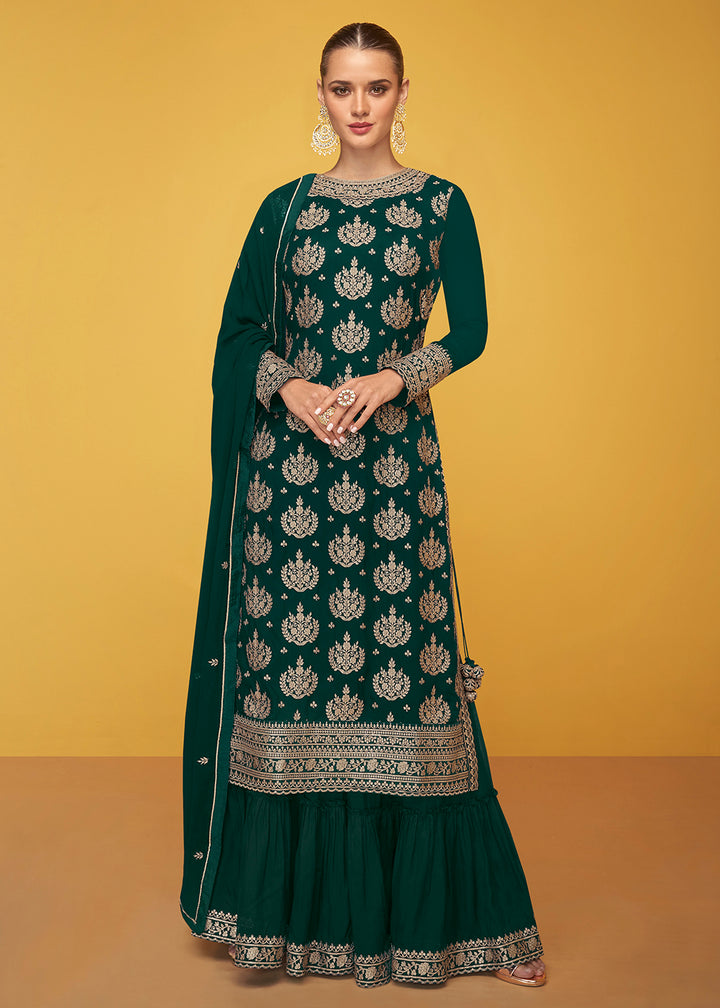 Buy Now Pure Georgette Tempting Green Designer Palazzo Salwar Suit Online in USA, UK, Canada, Germany & Worldwide at Empress Clothing.