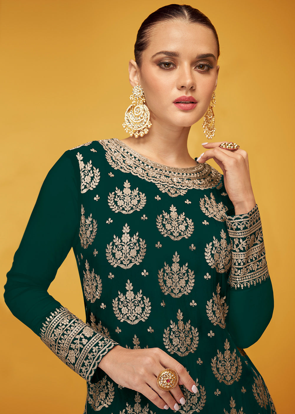 Buy Now Pure Georgette Tempting Green Designer Palazzo Salwar Suit Online in USA, UK, Canada, Germany & Worldwide at Empress Clothing.