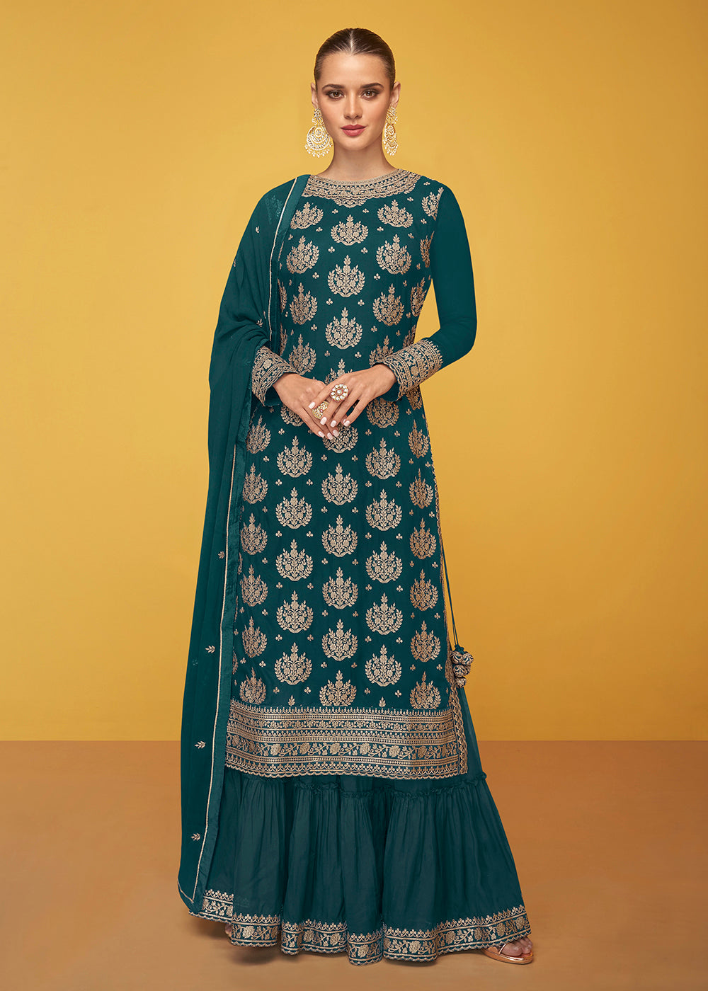 Buy Designer Palazzo Suit - Pure Georgette Brilliant Green Suit