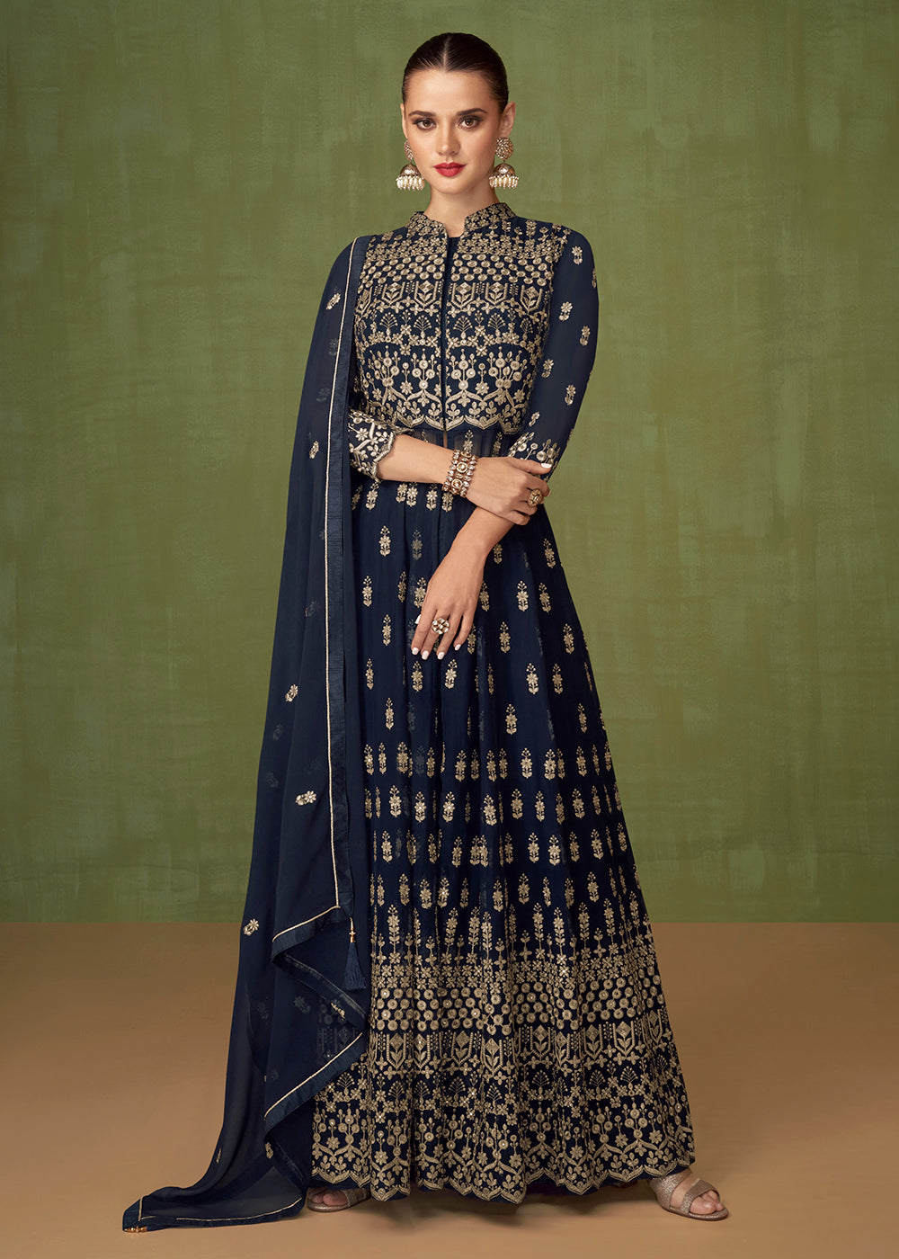 Buy Now Fetching Navy Blue Georgette Wedding Party Anarkali Suit Online in USA, UK, Australia, New Zealand, Canada & Worldwide at Empress Clothing. 