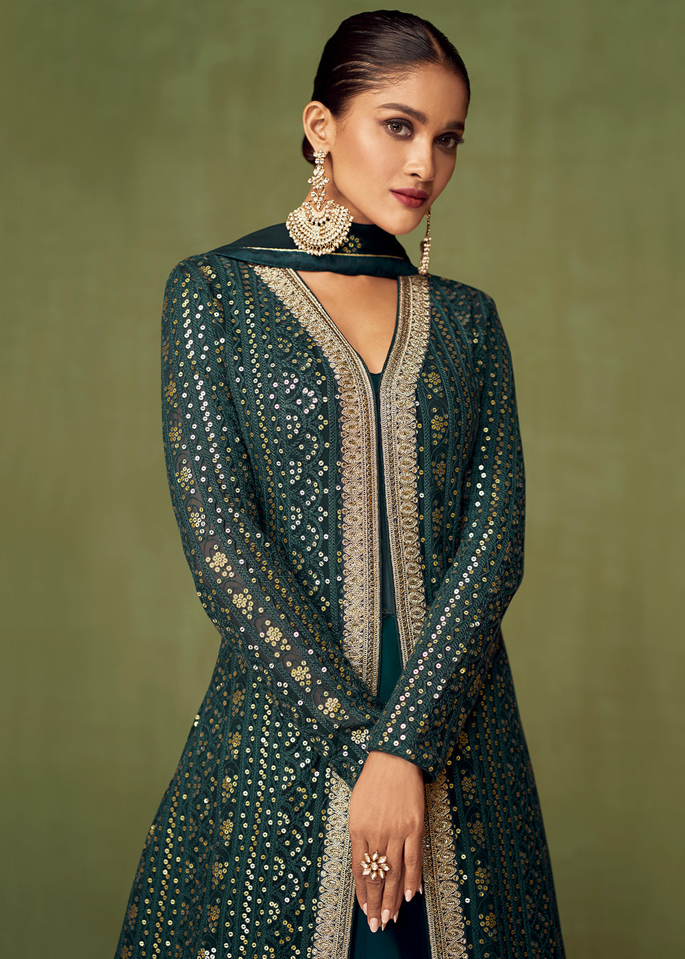 Buy Now Bottle Green Georgette Wedding Party Skirt Anarkali Suit Online in USA, UK, Australia, New Zealand, Canada & Worldwide at Empress Clothing. 