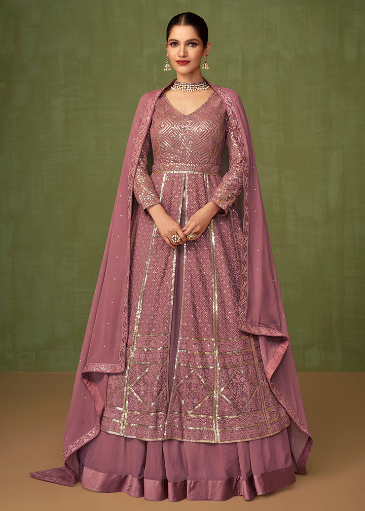 Buy Now Mauve Purple Georgette Wedding Party Skirt Anarkali Suit Online in USA, UK, Australia, New Zealand, Canada & Worldwide at Empress Clothing.