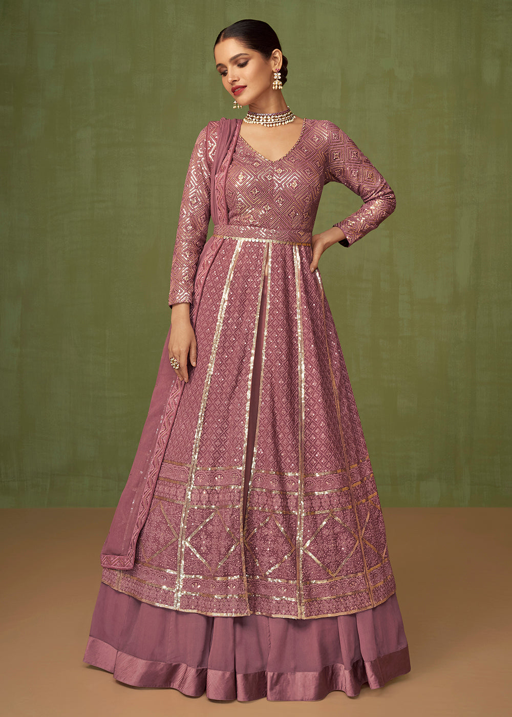 Buy Now Mauve Purple Georgette Wedding Party Skirt Anarkali Suit Online in USA, UK, Australia, New Zealand, Canada & Worldwide at Empress Clothing.