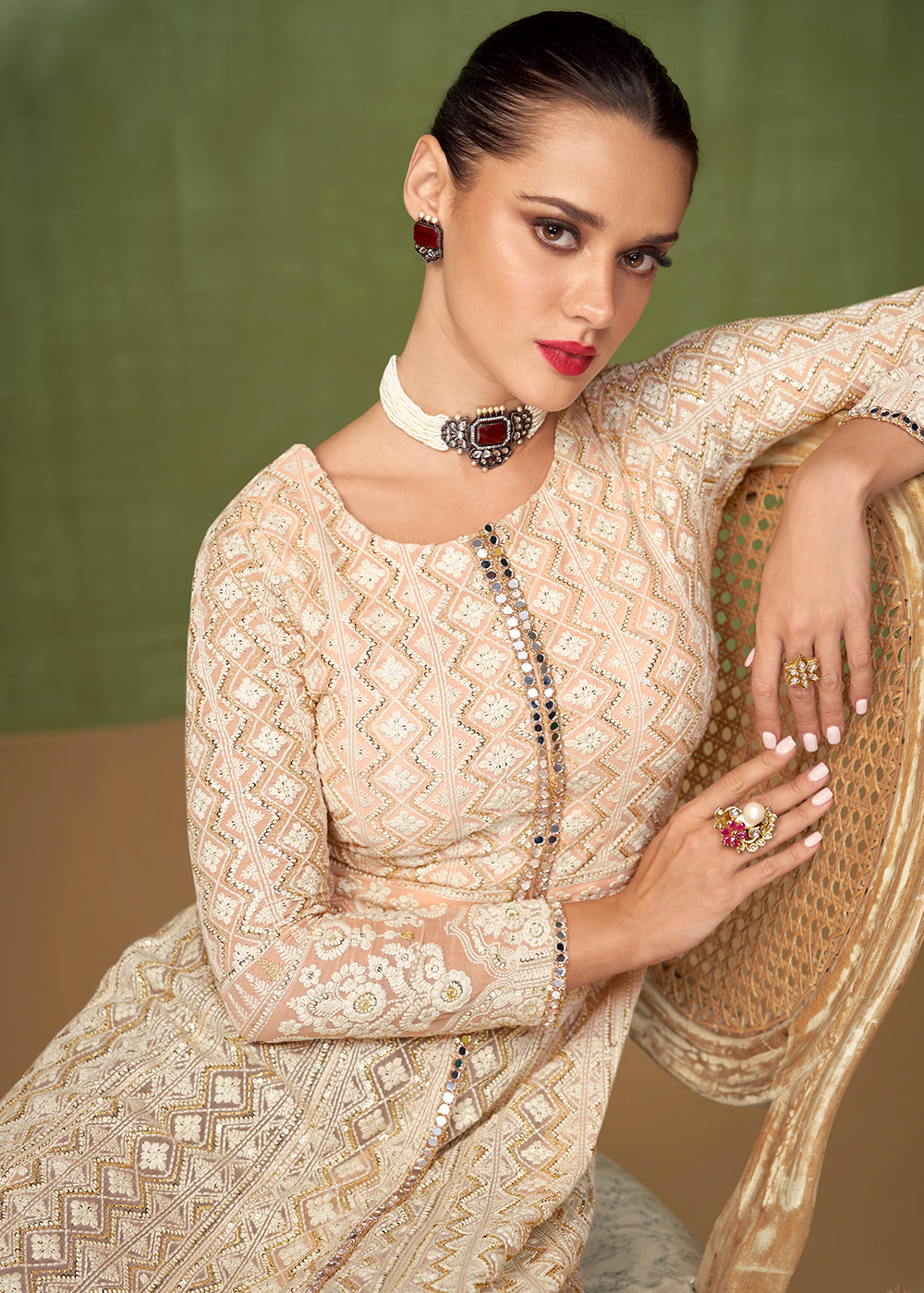 Buy Now Stylish Peachy Beige Georgette Wedding Party Skirt Anarkali Suit Online in USA, UK, Australia, New Zealand, Canada & Worldwide at Empress Clothing.