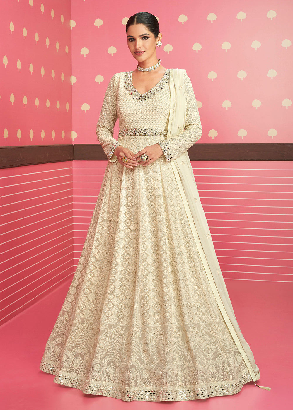 Buy Now Off White Lucknowi Chikankari Embroidered Bridesmaid Anarkali Suit Online in USA, UK, Australia, New Zealand, Canada & Worldwide at Empress Clothing.