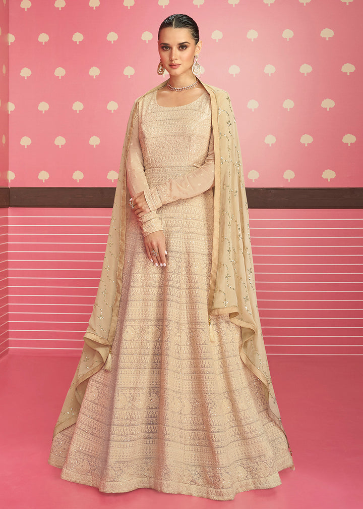 Buy Now Beige Lucknowi Chikankari Embroidered Bridesmaid Anarkali Suit Online in USA, UK, Australia, New Zealand, Canada & Worldwide at Empress Clothing.