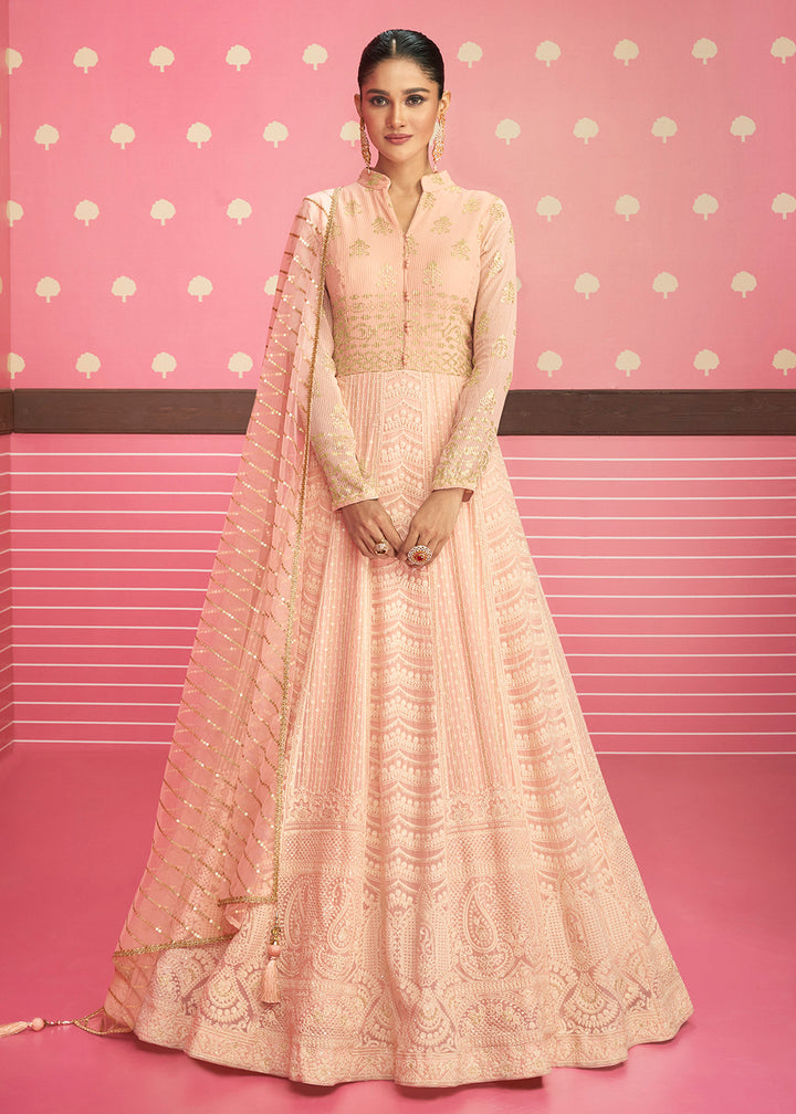 Buy Now Peach Lucknowi Chikankari Embroidered Bridesmaid Anarkali Suit Online in USA, UK, Australia, New Zealand, Canada & Worldwide at Empress Clothing. 