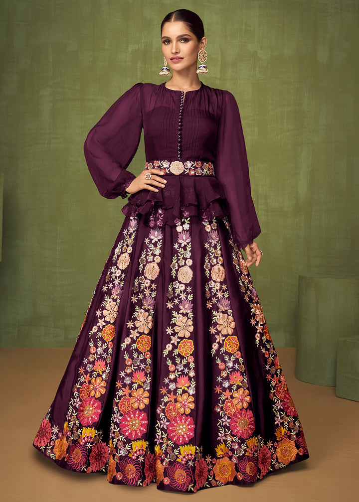 Buy Now Wedding Party Plum Purple Peplum Bridesmaid Anarkali Style Skirt Online in USA, UK, Australia, New Zealand, Canada & Worldwide at Empress Clothing.