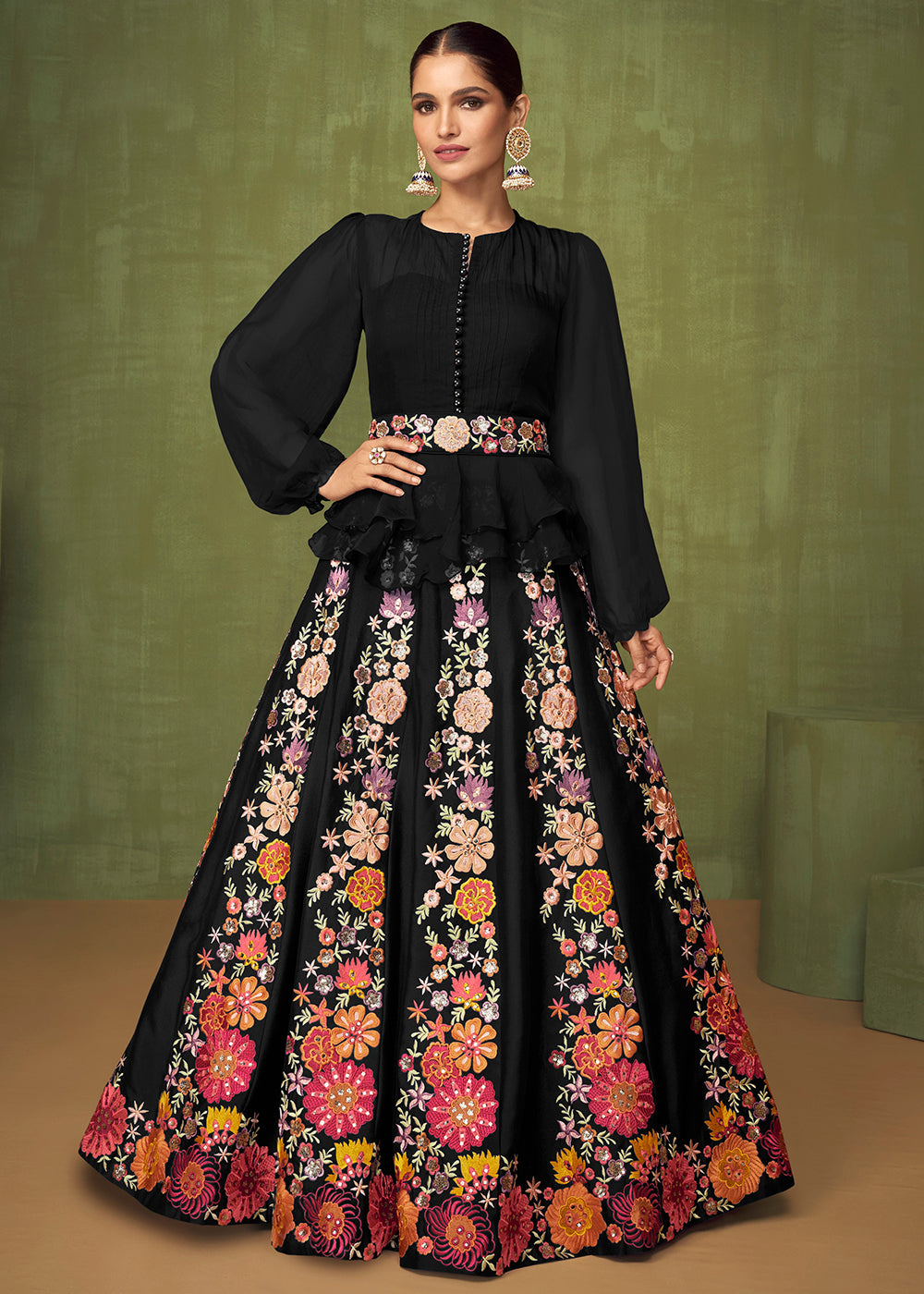 Wedding Party Classy Black Bridesmaid Peplum Anarkali Style Skirt