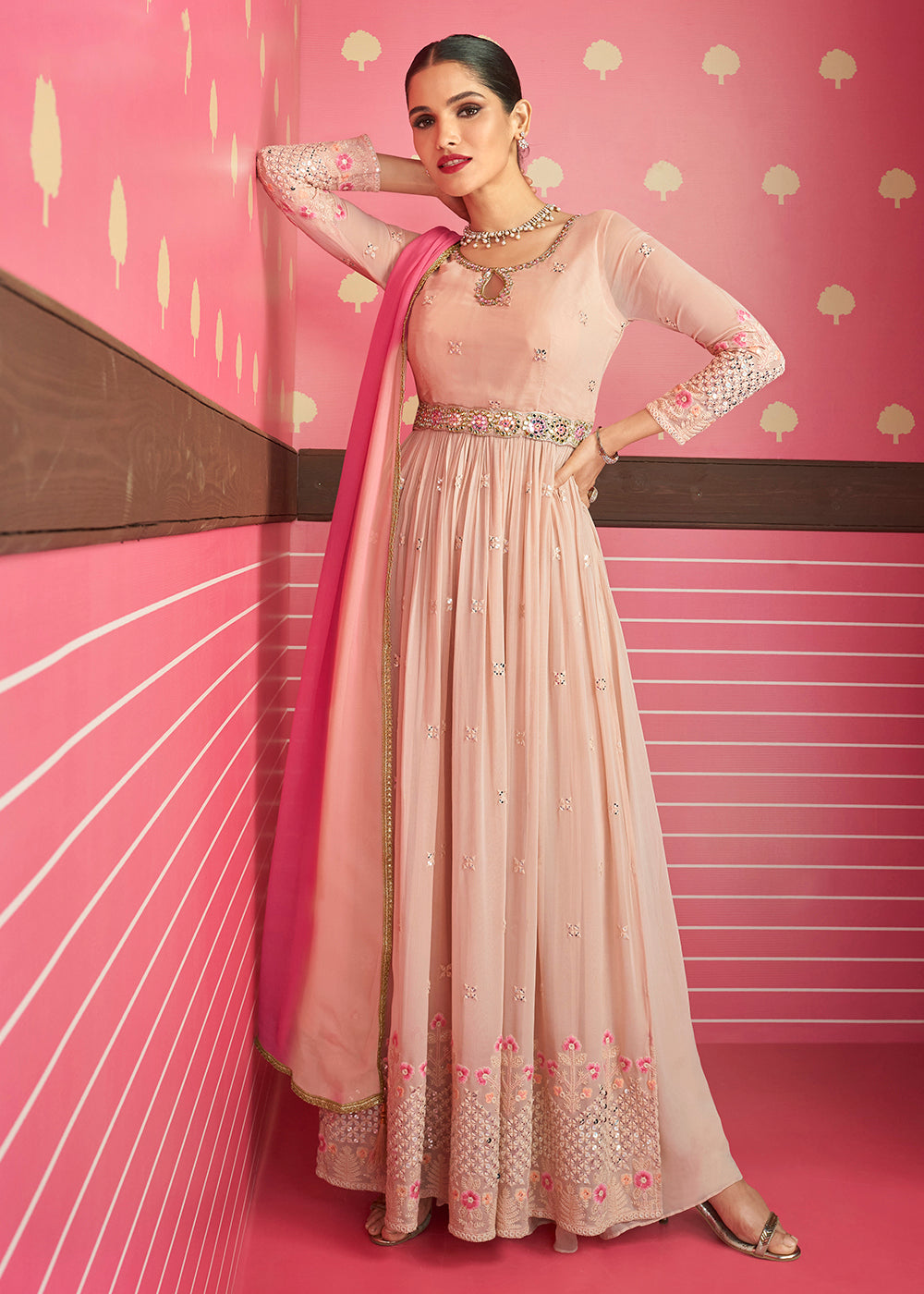 Buy Now Attractive Soft Peach Embroidered Long Palazzo Salwar Suit Online in USA, UK, Canada, Germany & Worldwide at Empress Clothing.