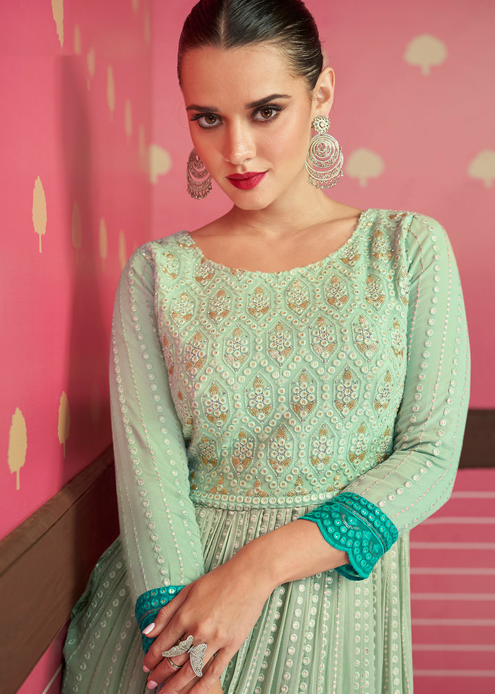 Buy Now Iconic Aqua Green Embroidered Long Palazzo Salwar Suit Online in USA, UK, Canada, Germany & Worldwide at Empress Clothing.