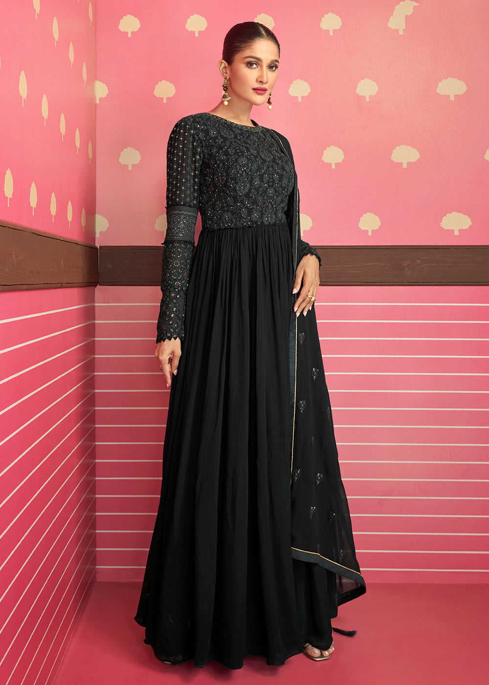 Buy Now Classy Midnight Black Embroidered Long Palazzo Salwar Suit Online in USA, UK, Canada, Germany & Worldwide at Empress Clothing.