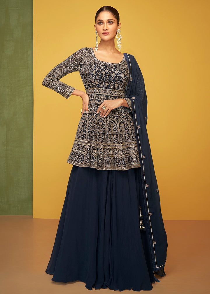 Buy Now Midnight Blue Georgette Fabric Skirt Style Designer Palazzo Suit Online in USA, UK, Canada & Worldwide at Empress Clothing. 
