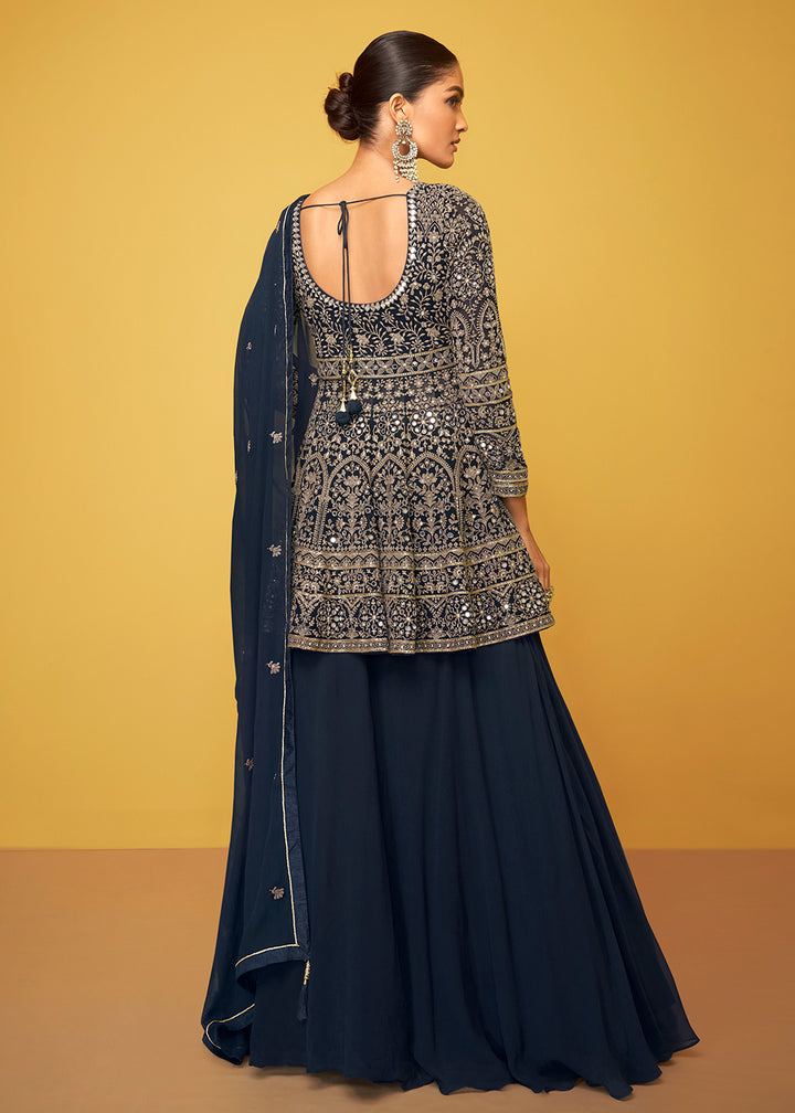 Buy Now Midnight Blue Georgette Fabric Skirt Style Designer Palazzo Suit Online in USA, UK, Canada & Worldwide at Empress Clothing. 