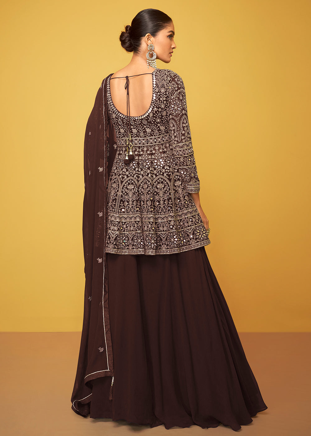 Buy Now Charming Brown Georgette Fabric Skirt Style Designer Palazzo Suit Online in USA, UK, Canada & Worldwide at Empress Clothing.