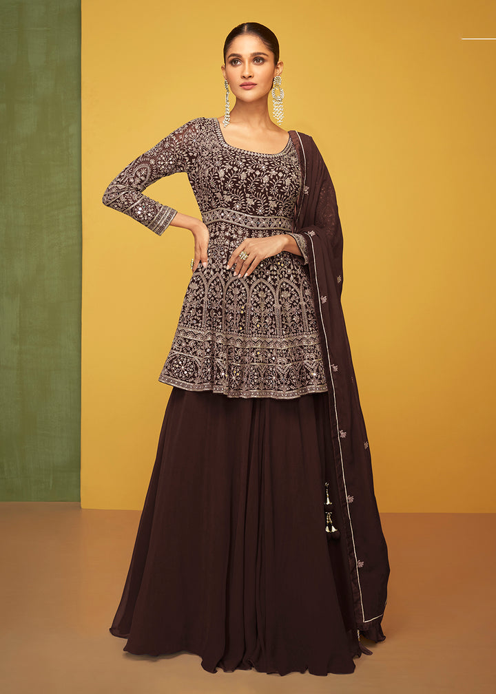 Buy Now Charming Brown Georgette Fabric Skirt Style Designer Palazzo Suit Online in USA, UK, Canada & Worldwide at Empress Clothing.