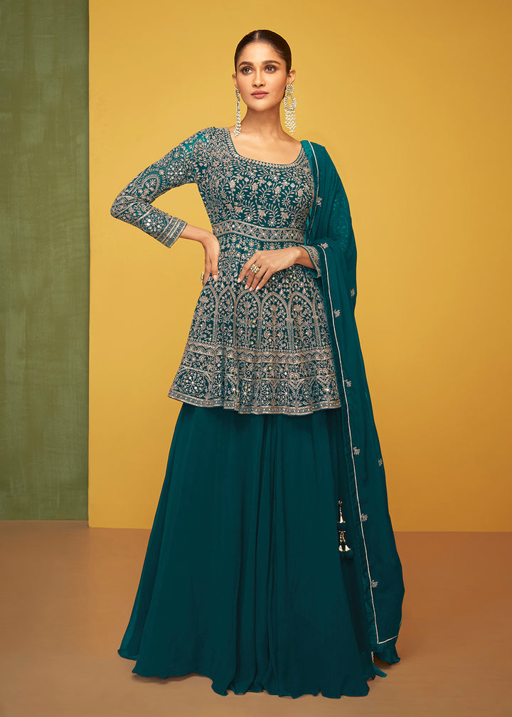Buy Now Attractive Teal Georgette Fabric Skirt Style Designer Palazzo Suit Online in USA, UK, Canada & Worldwide at Empress Clothing. 