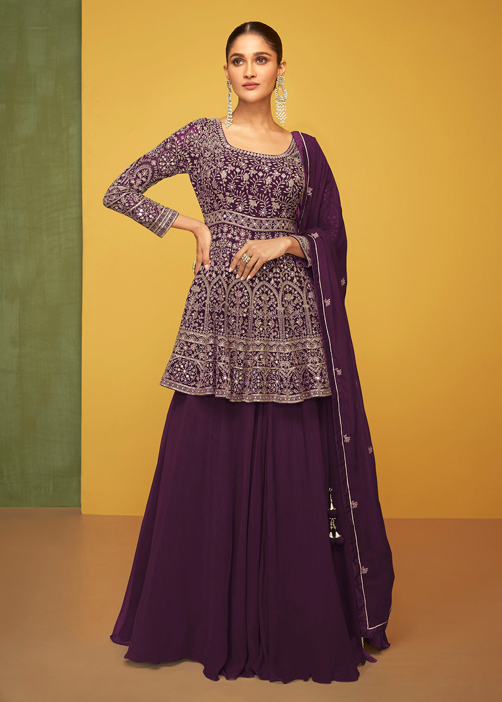 Buy Now Glorious Purple Georgette Fabric Skirt Style Designer Palazzo Suit Online in USA, UK, Canada & Worldwide at Empress Clothing. 