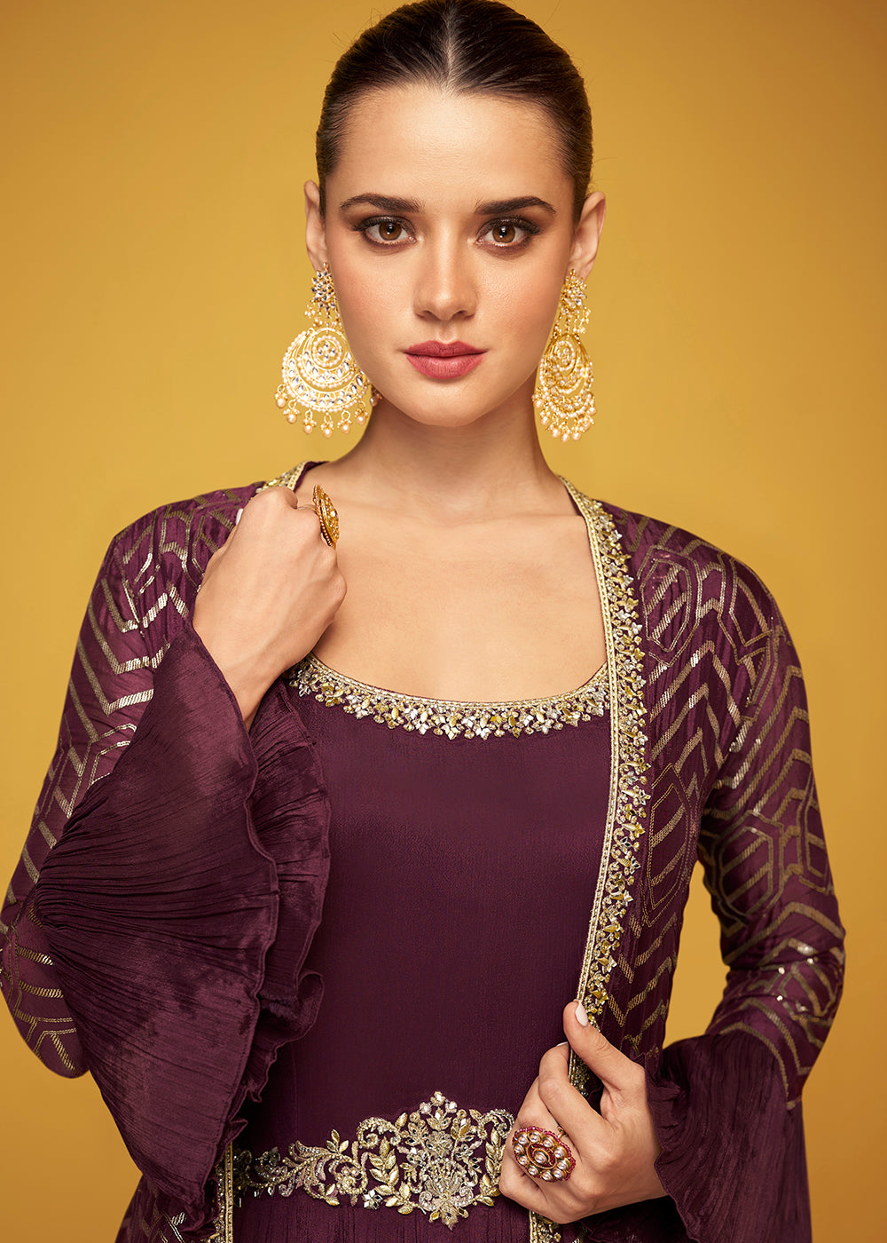 Buy Now Tempting Wine Chinon Fabric Jacket Style Designer Anarkali Gown Online in USA, UK, Australia, New Zealand, Canada & Worldwide at Empress Clothing.