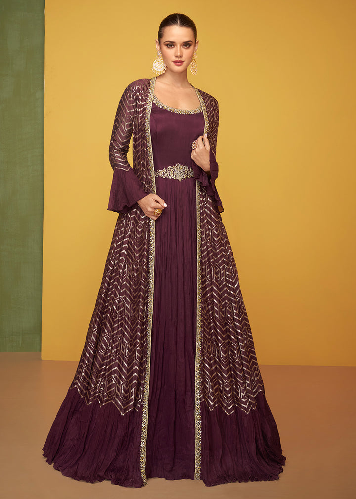 Buy Now Tempting Wine Chinon Fabric Jacket Style Designer Anarkali Gown Online in USA, UK, Australia, New Zealand, Canada & Worldwide at Empress Clothing.