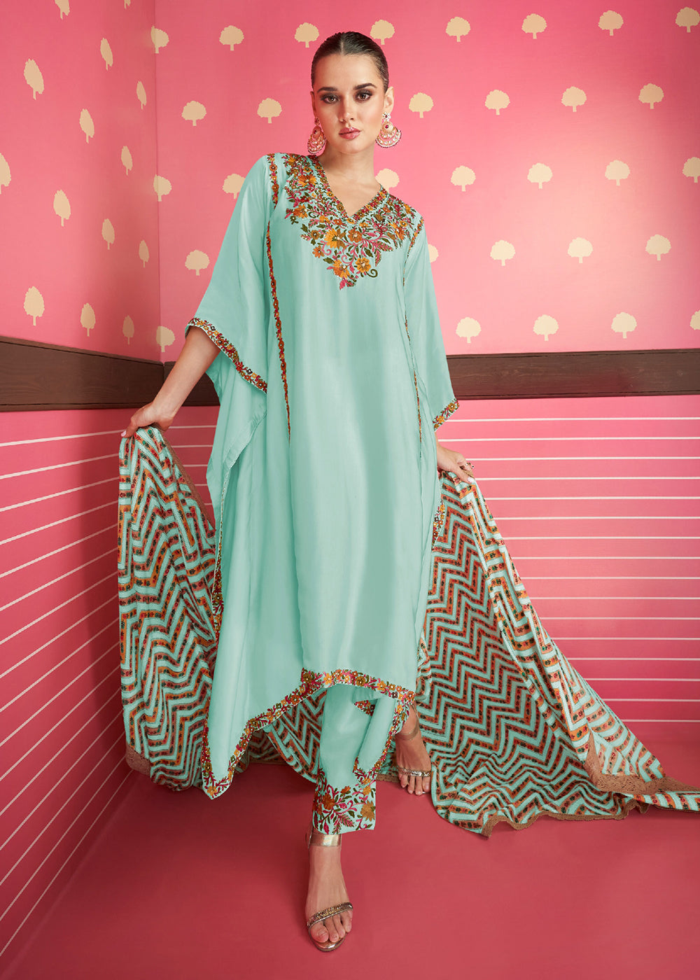 Buy Now Aqua Blue Silk Satin Kaftan Style Pant Style Suit Online in USA, UK, Canada, Germany & Worldwide at Empress Clothing.
