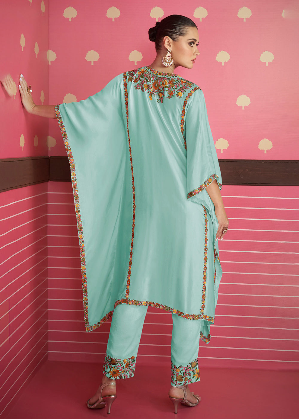 Buy Now Aqua Blue Silk Satin Kaftan Style Pant Style Suit Online in USA, UK, Canada, Germany & Worldwide at Empress Clothing.