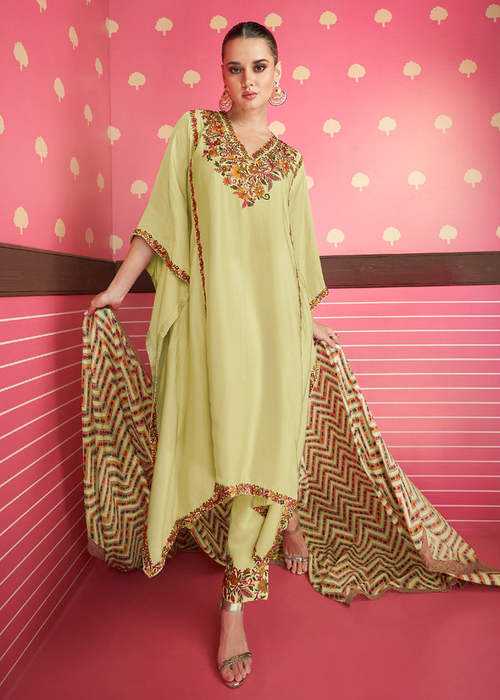 Buy Now Lime Yellow Silk Satin Kaftan Style Pant Style Suit Online in USA, UK, Canada, Germany & Worldwide at Empress Clothing.