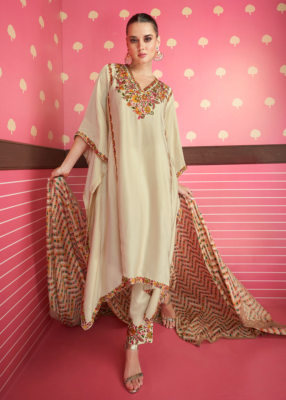 Buy Now Cream Beige Silk Satin Kaftan Style Pant Style Suit Online in USA, UK, Canada, Germany & Worldwide at Empress Clothing. 
