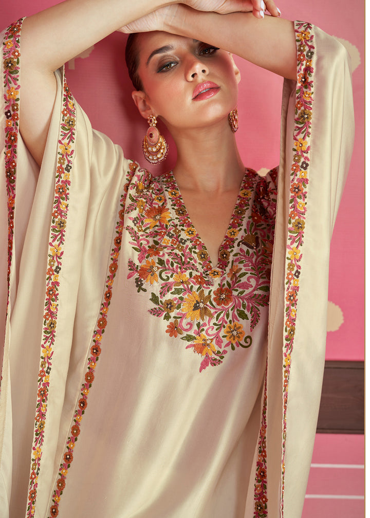 Buy Now Cream Beige Silk Satin Kaftan Style Pant Style Suit Online in USA, UK, Canada, Germany & Worldwide at Empress Clothing. 