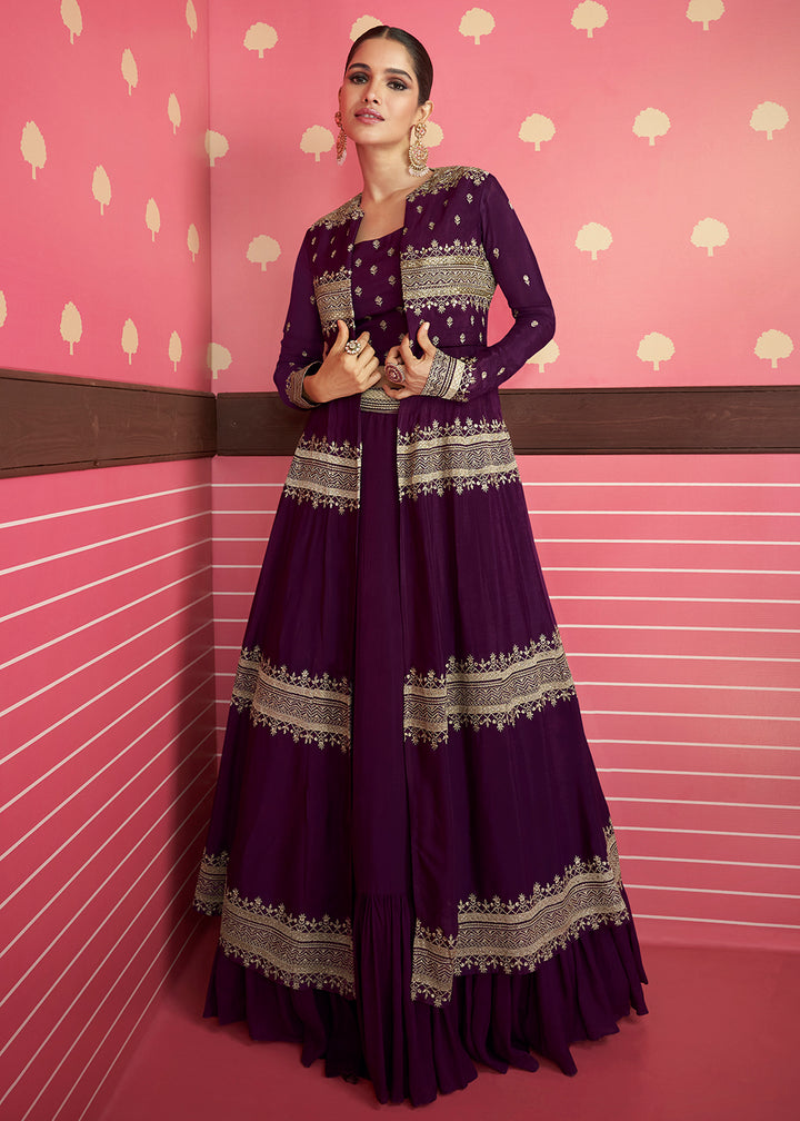 Shop Now Deep Wine Georgette Party Wear Lehenga Choli with Jacket Online in USA, UK, Canada & Worldwide at Empress Clothing. 