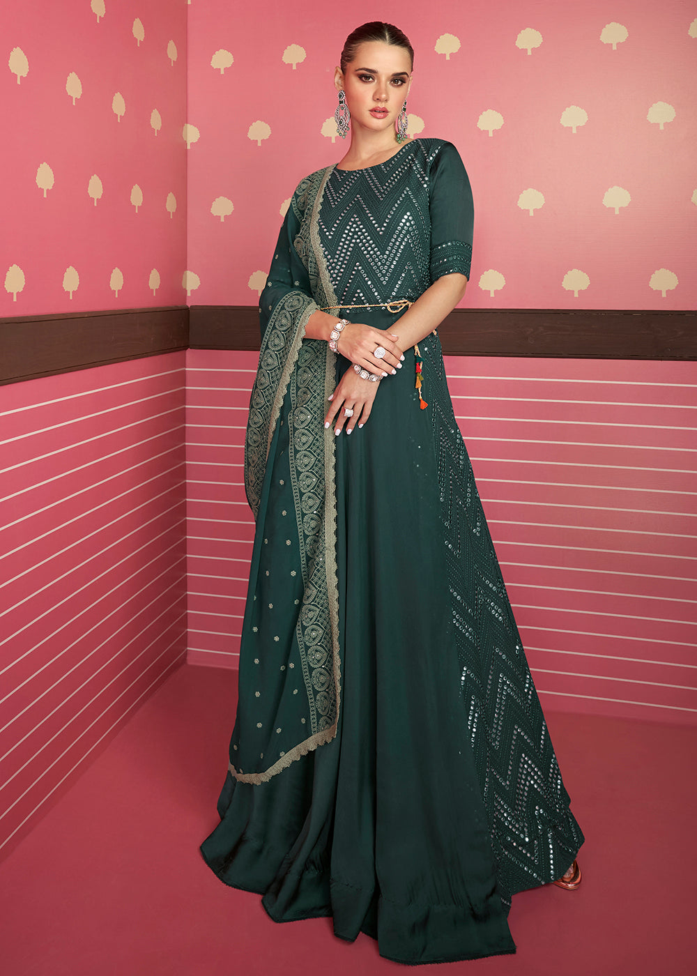 Buy Now Deep Green Two Layer Lucknowi Embroidered Bridesmaid Anarkali Gown Online in USA, UK, Australia, New Zealand, Canada & Worldwide at Empress Clothing. 