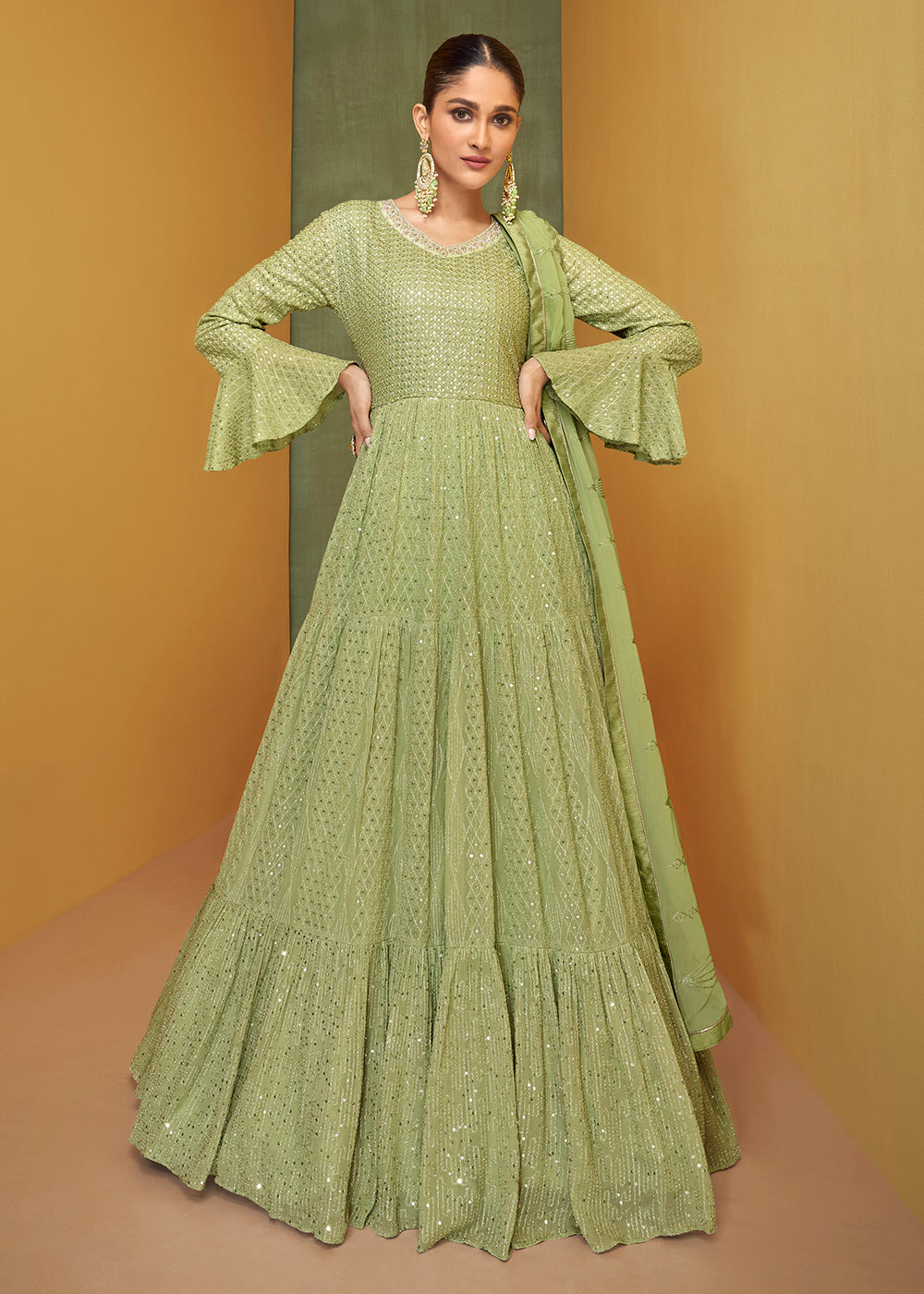 Buy Now Pretty Pastel Green Wedding Embroidered Bridal Anarkali Gown Online in USA, UK, Australia, New Zealand, Canada & Worldwide at Empress Clothing. 