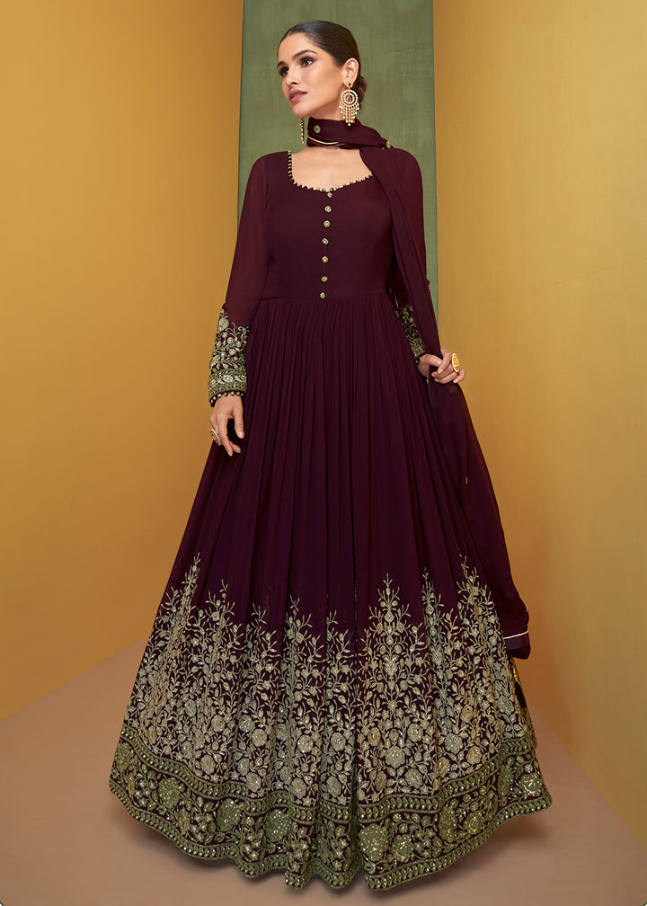 Buy Now Appealing Plum Purple Wedding Embroidered Bridal Anarkali Gown Online in USA, UK, Australia, New Zealand, Canada & Worldwide at Empress Clothing. 