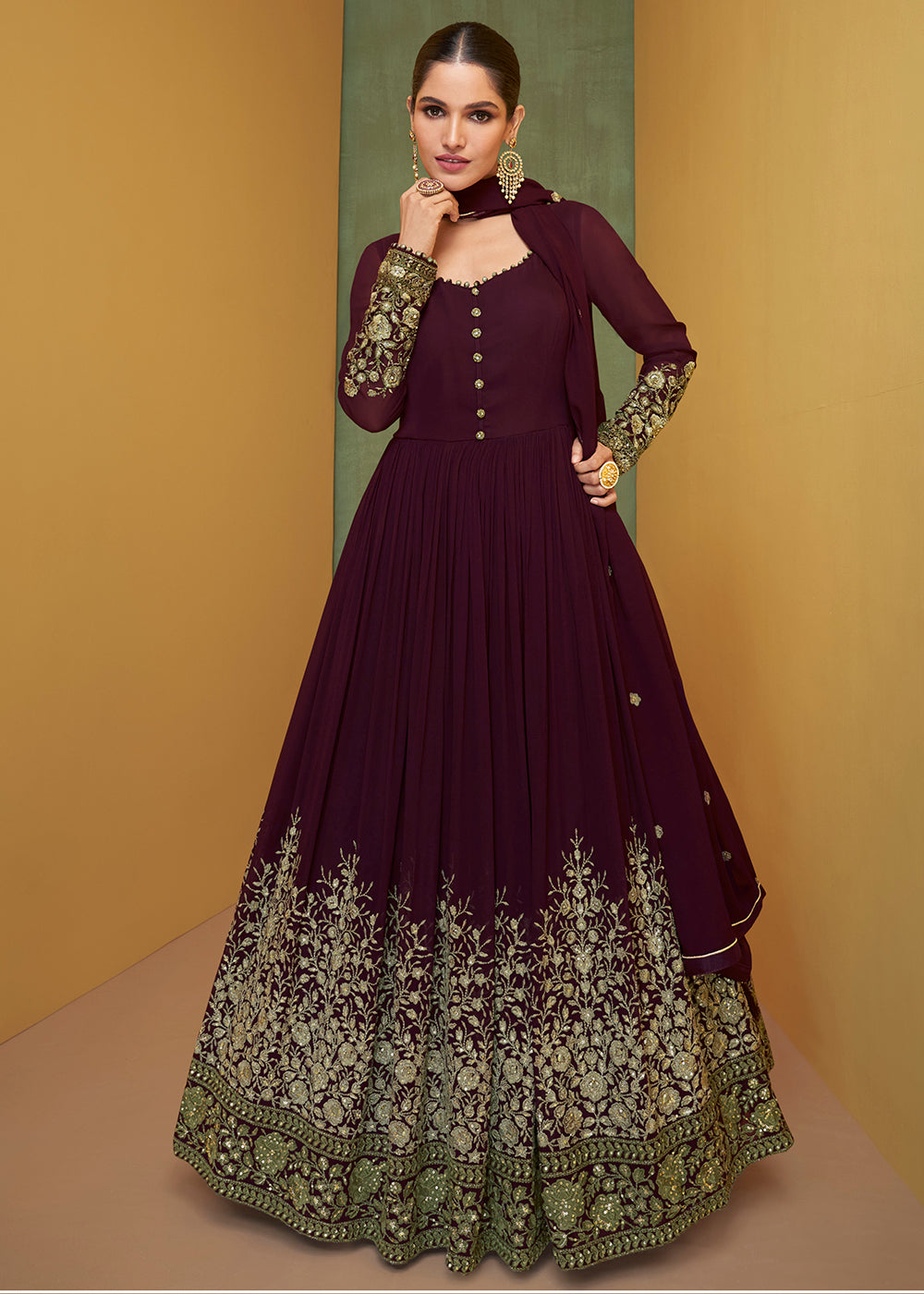 Buy Now Appealing Plum Purple Wedding Embroidered Bridal Anarkali Gown Online in USA, UK, Australia, New Zealand, Canada & Worldwide at Empress Clothing. 